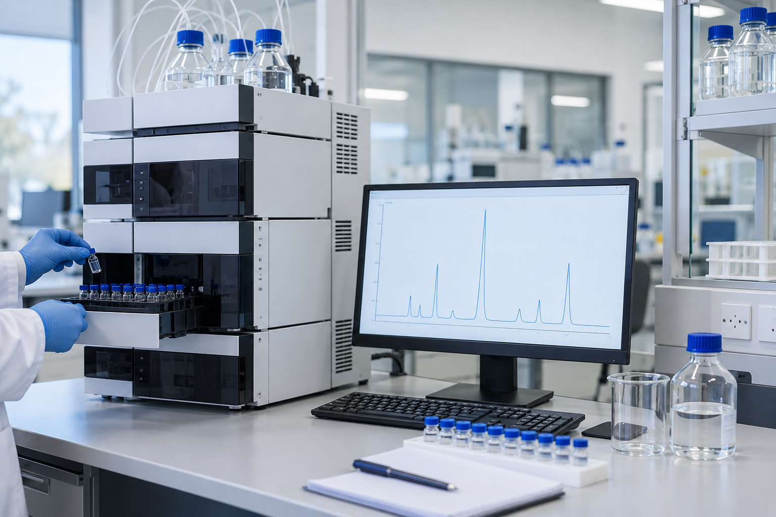 Analytical laboratory HPLC instrument and chromatogram